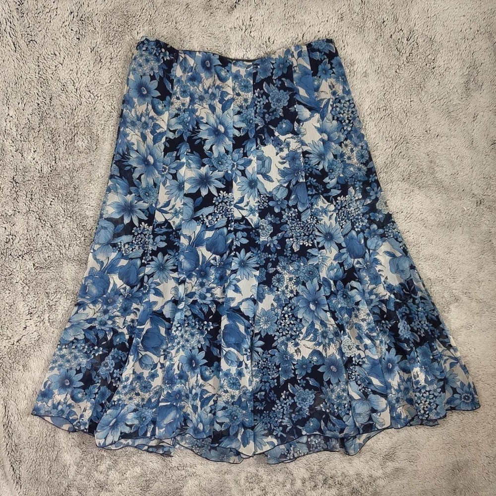 2000s Y2K Dressbarn Blue White Digital Floral Spring Summer Midi Maxi Skirt Med